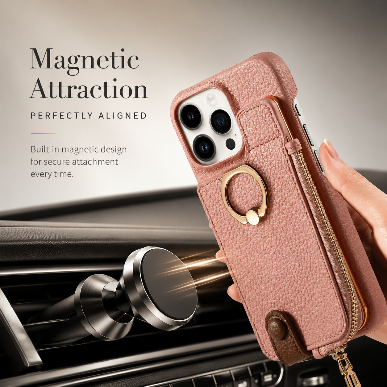 Premium iPhone Case Leather Zipper Wallet Cover MagSafe Compatible Card Holder Ring Kickstand Magnetic Closure Shockproof Camera Protection Full Coverage