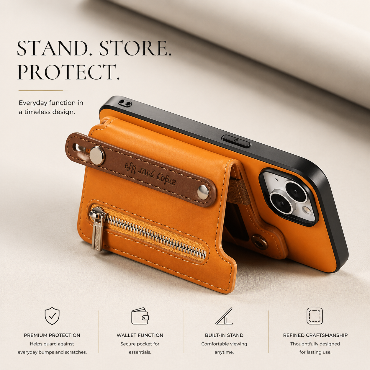 Premium iPhone Wallet Case Detachable Zipper Flip Cover PU Leather Card Holder Magnetic Closure Wrist Strap Shockproof Full Coverage Protective Design