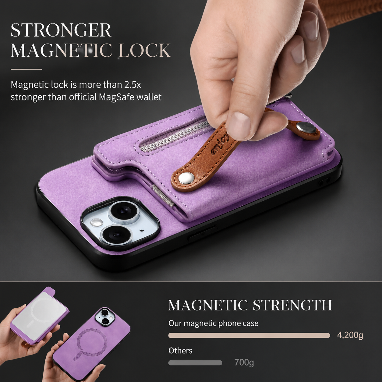 Premium iPhone Wallet Case Detachable Zipper Flip Cover PU Leather Card Holder Magnetic Closure Wrist Strap Shockproof Full Coverage Protective Design