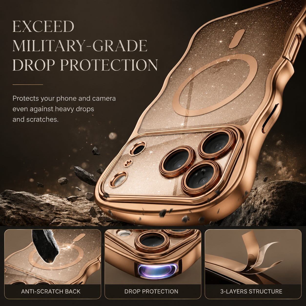Premium iPhone Case Clear Glitter Magnetic Hard Cover MagSafe Compatible Wavy Frame Anti Slip Anti Scratch Lightweight Full Coverage Protective Design
