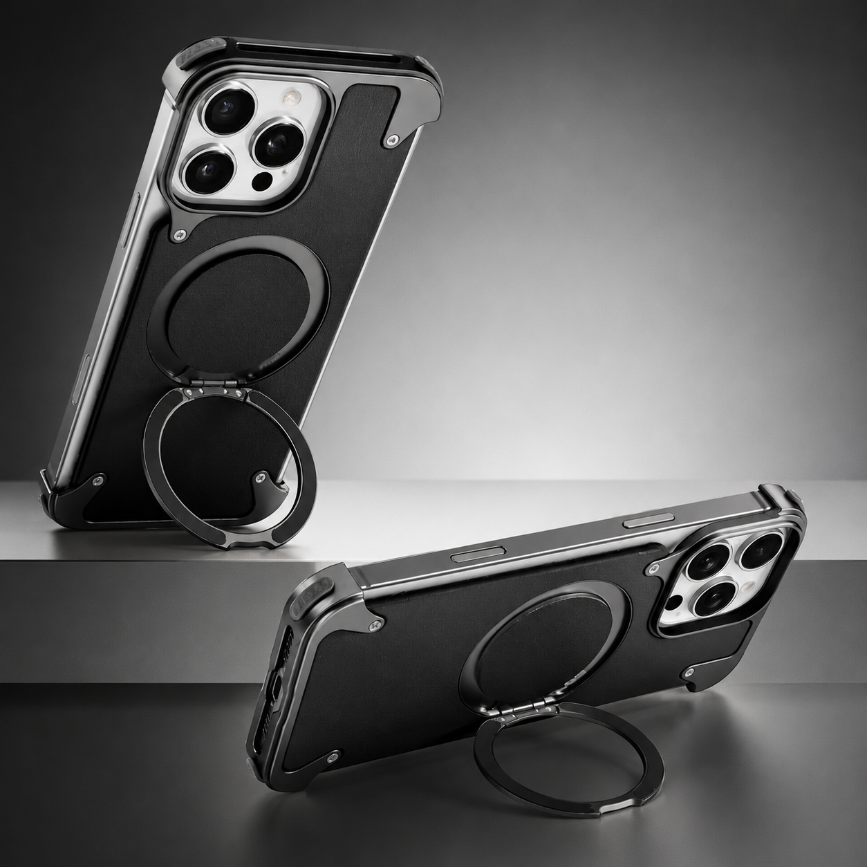 Premium iPhone Case Genuine Leather Magnetic Cover MagSafe Compatible Frameless Rotating Stand Ring Shockproof Anti Drop Protection Slim Profile