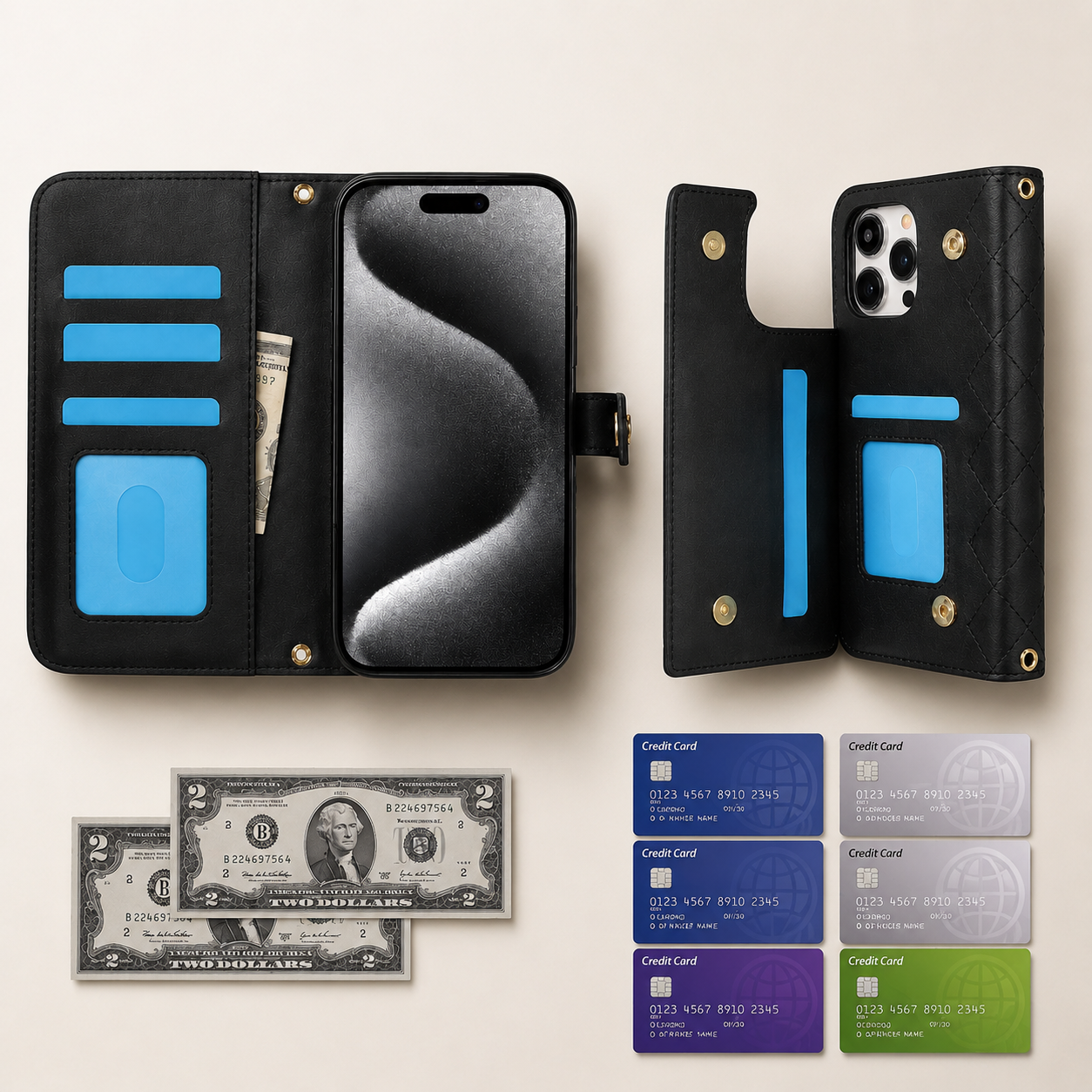 Premium iPhone Wallet Case Detachable Zipper Flip Cover PU Leather Card Holder Magnetic Closure Wrist Strap Shockproof Full Coverage Protective Design