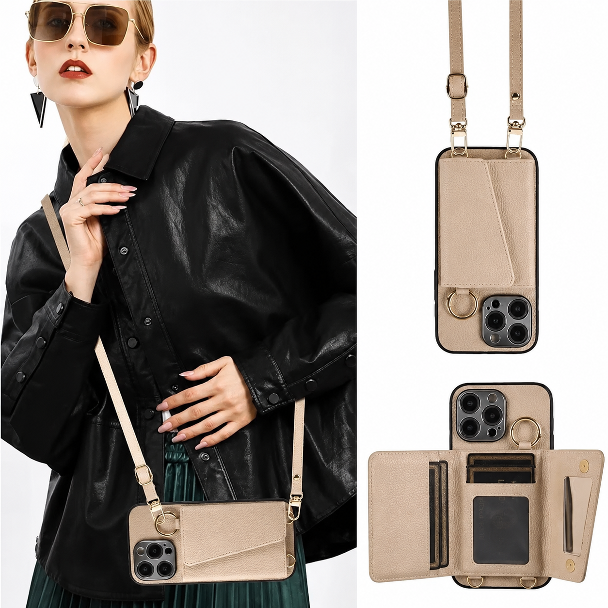 Premium iPhone Case MagSafe Compatible Magnetic Crossbody Wallet Cover PU Leather Card Holder Finger Ring Stand Strap Shockproof Full Coverage Design
