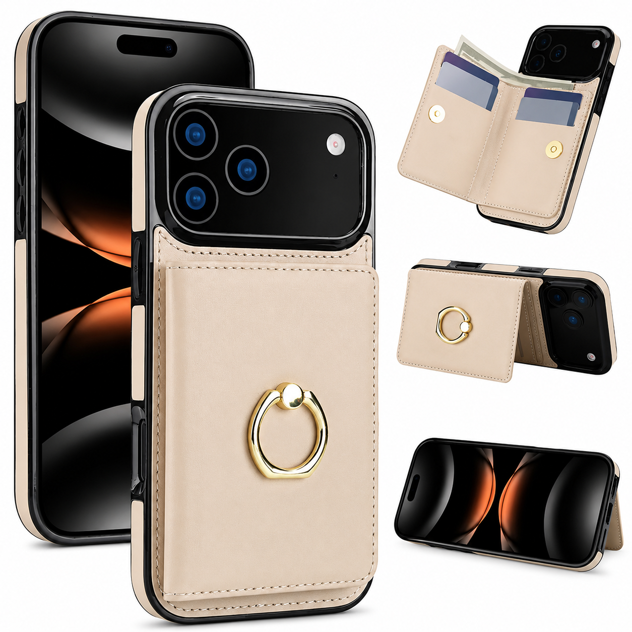 Premium iPhone Case Wallet Flip Cover Card Holder Magnetic Clasp Ring Kickstand PU Leather Shockproof Protective Cover Anti Scratch Full Protection Slim