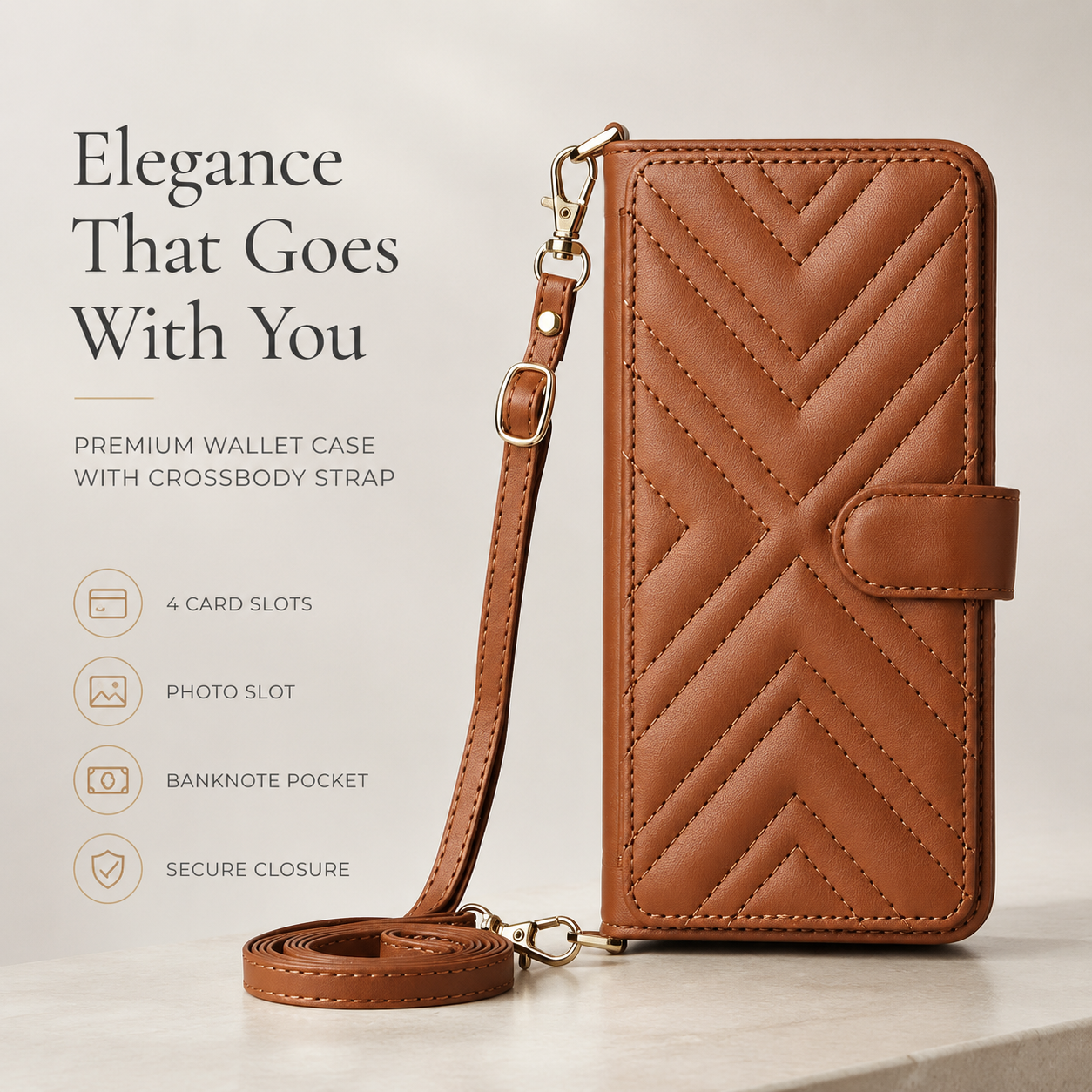 Premium iPhone Case Crossbody Wallet PU Leather Cover Card Holder Shoulder Strap Magnetic Closure Shockproof Full Coverage Slim Design