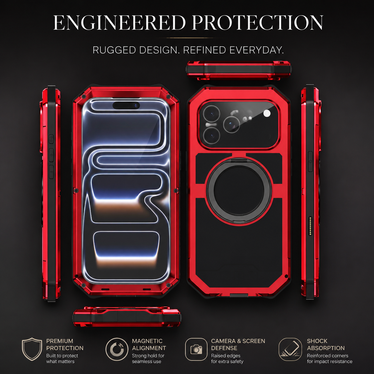 Premium iPhone Case MagSafe Compatible Magnetic Protective Cover Aluminum Armor Frame Built In Kickstand Shockproof Glass Screen Protector Full Coverage