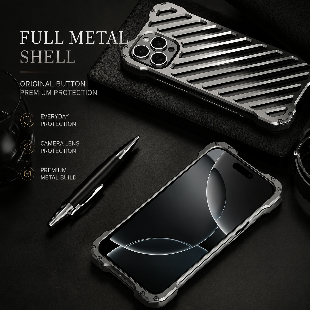 Premium iPhone Case Aluminum Alloy Armor Cover CNC Metal Dual Layer Shockproof Matte Non Slip Camera Protection Full Coverage Protective Design