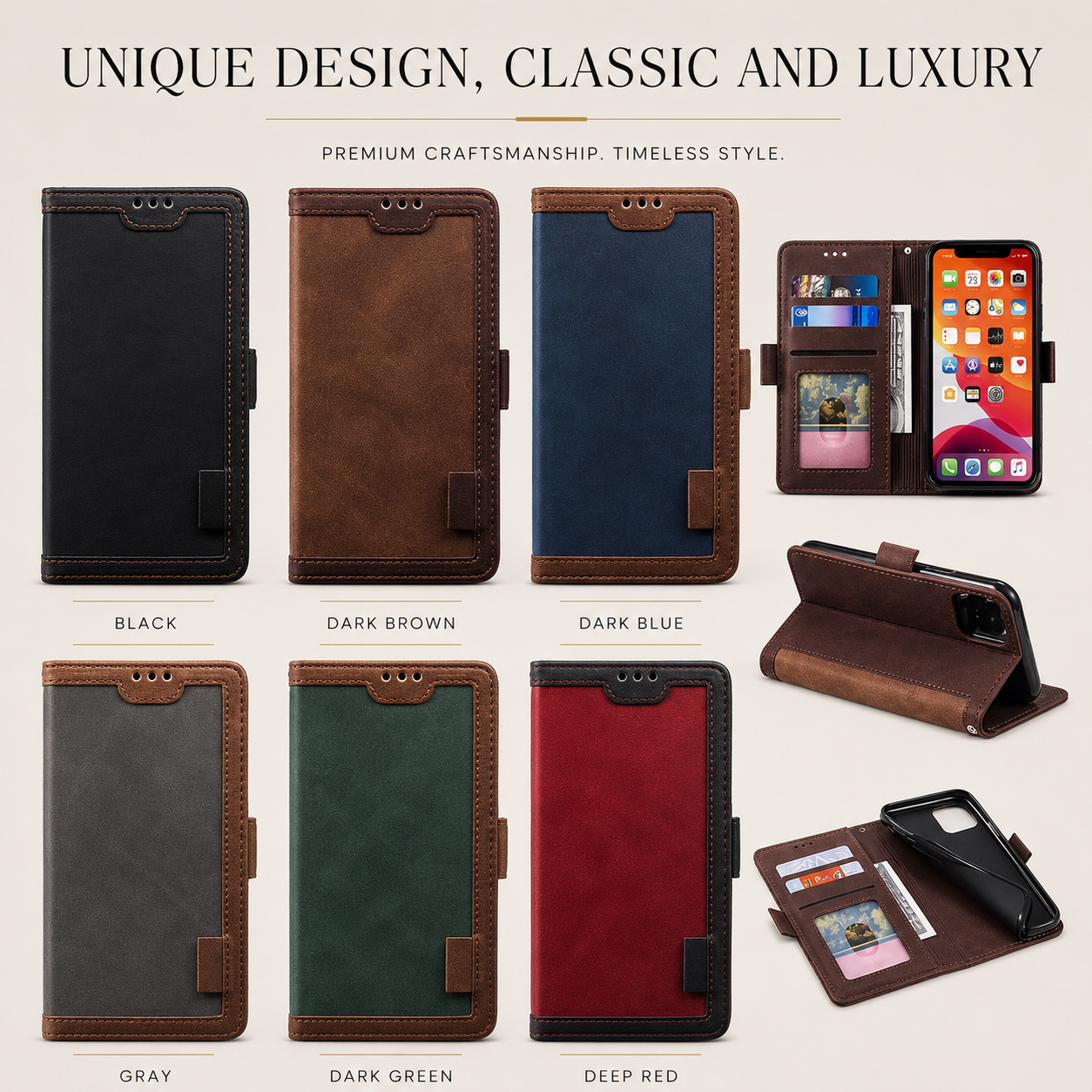 Premium iPhone Case Leather Wallet Flip Cover MagSafe Compatible Card Holder Magnetic Closure Shockproof Camera Protection Stand Full Coverage