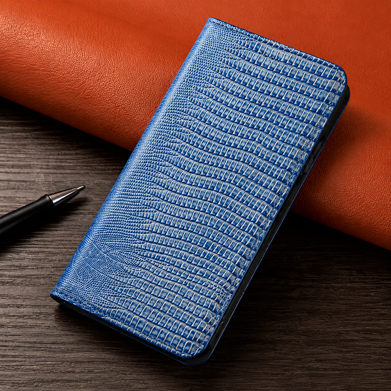 Premium iPhone Case Genuine Leather Flip Cover Wallet Card Holder Magnetic Closure Shockproof Camera Protection Crocodile Grain Stand Full Coverage