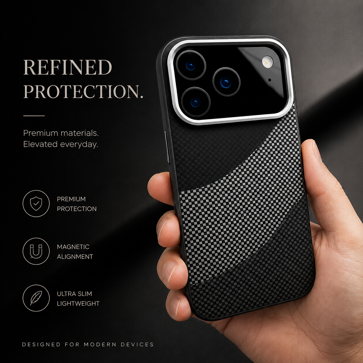 Premium iPhone Case MagSafe Compatible Carbon Fiber Armor Cover Alloy Camera Guard Shockproof Full Coverage Non Slip PC Anti Scratch Design