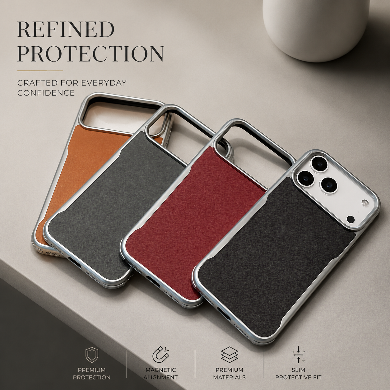 Premium iPhone Case MagSafe Compatible Magnetic PU Leather Protective Cover Metal Frame Shockproof Camera Lens Protection Anti Scratch Non Slip Full Coverage
