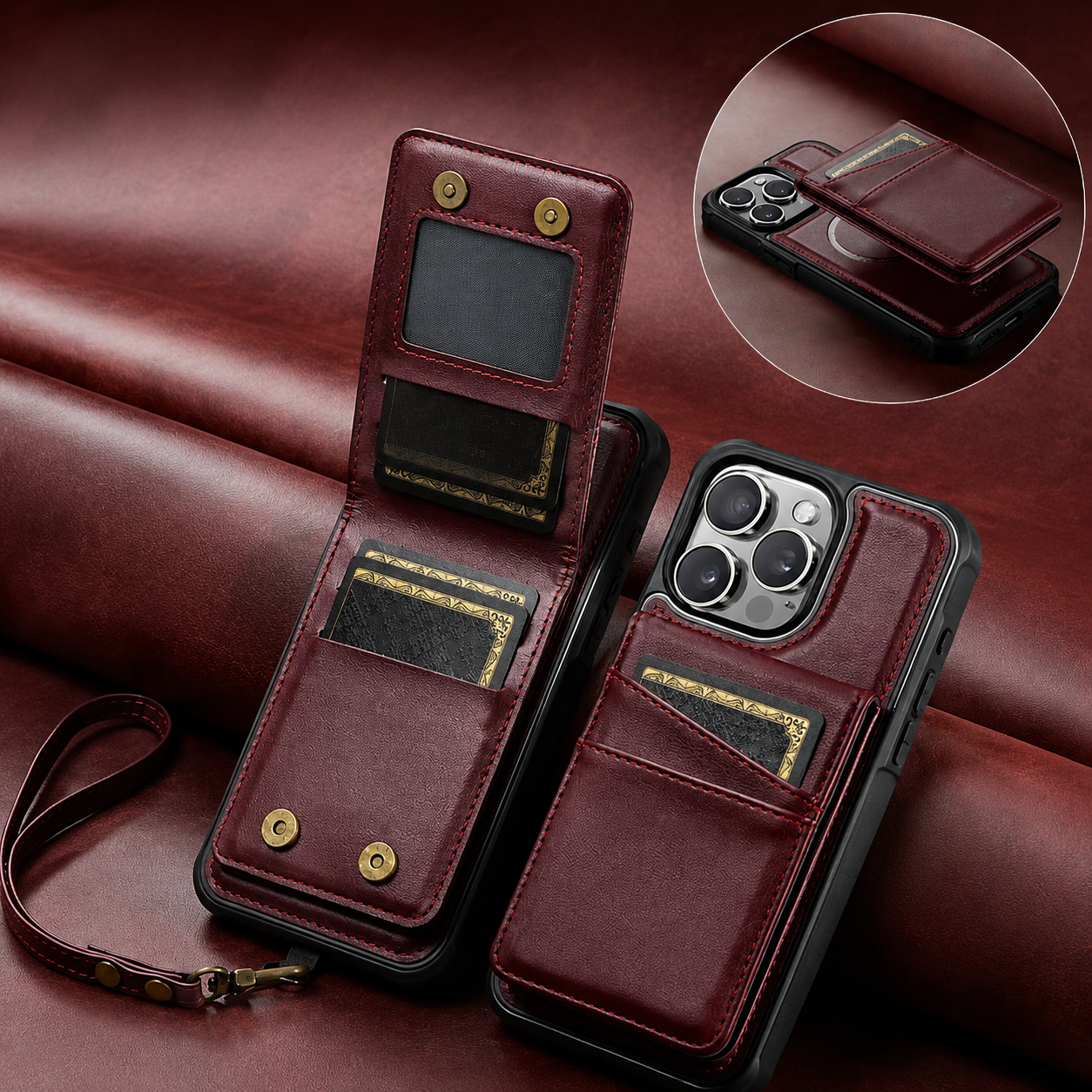 Premium iPhone Case Magnetic Detachable Wallet Flip Cover PU Leather Card Holder Cash Pocket Wrist Strap Shockproof Full Coverage Protective Design