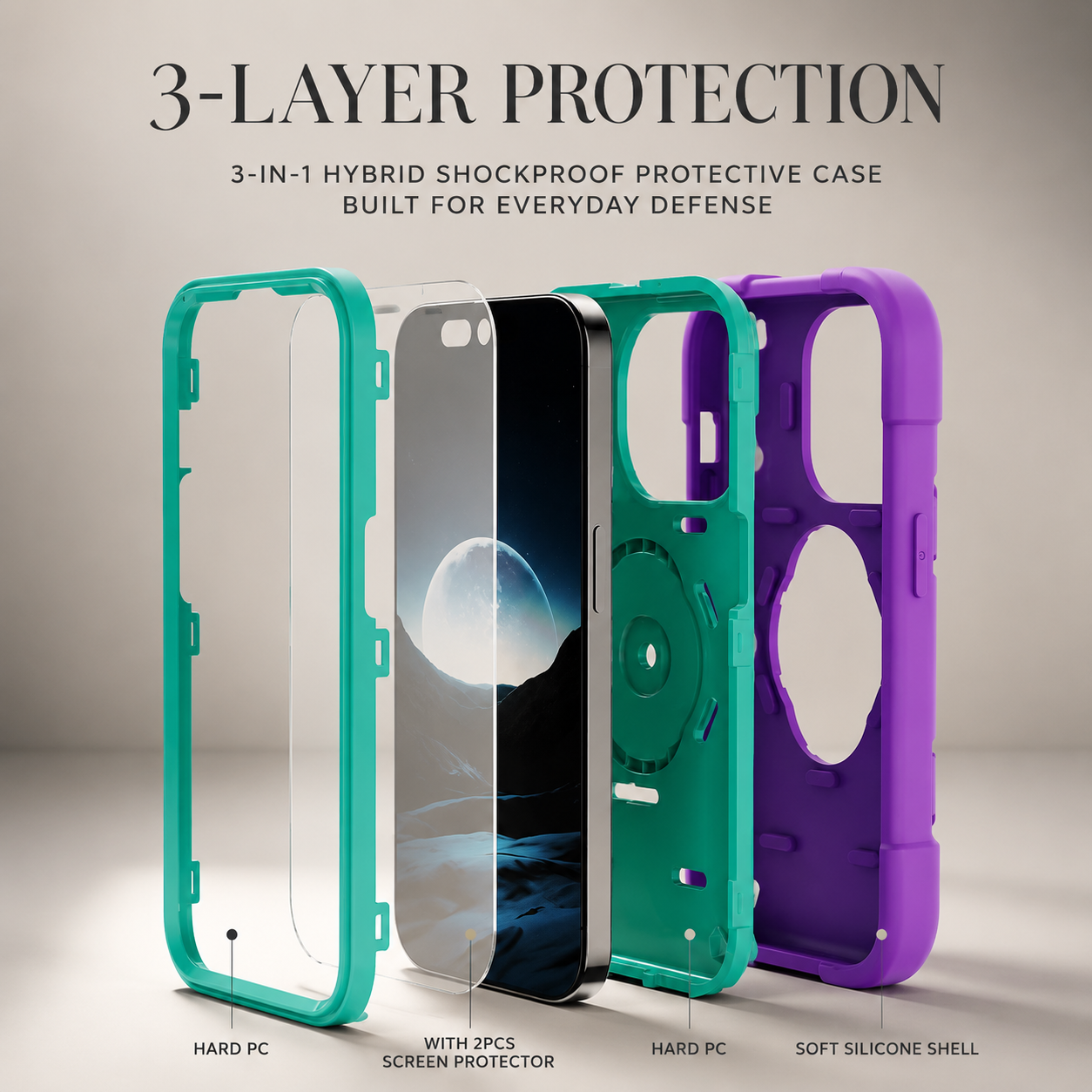 Premium iPhone Case Rugged Armor Cover Dual Layer Shockproof PC TPU Ring Holder Kickstand Anti Slip Grip Full Protection Design