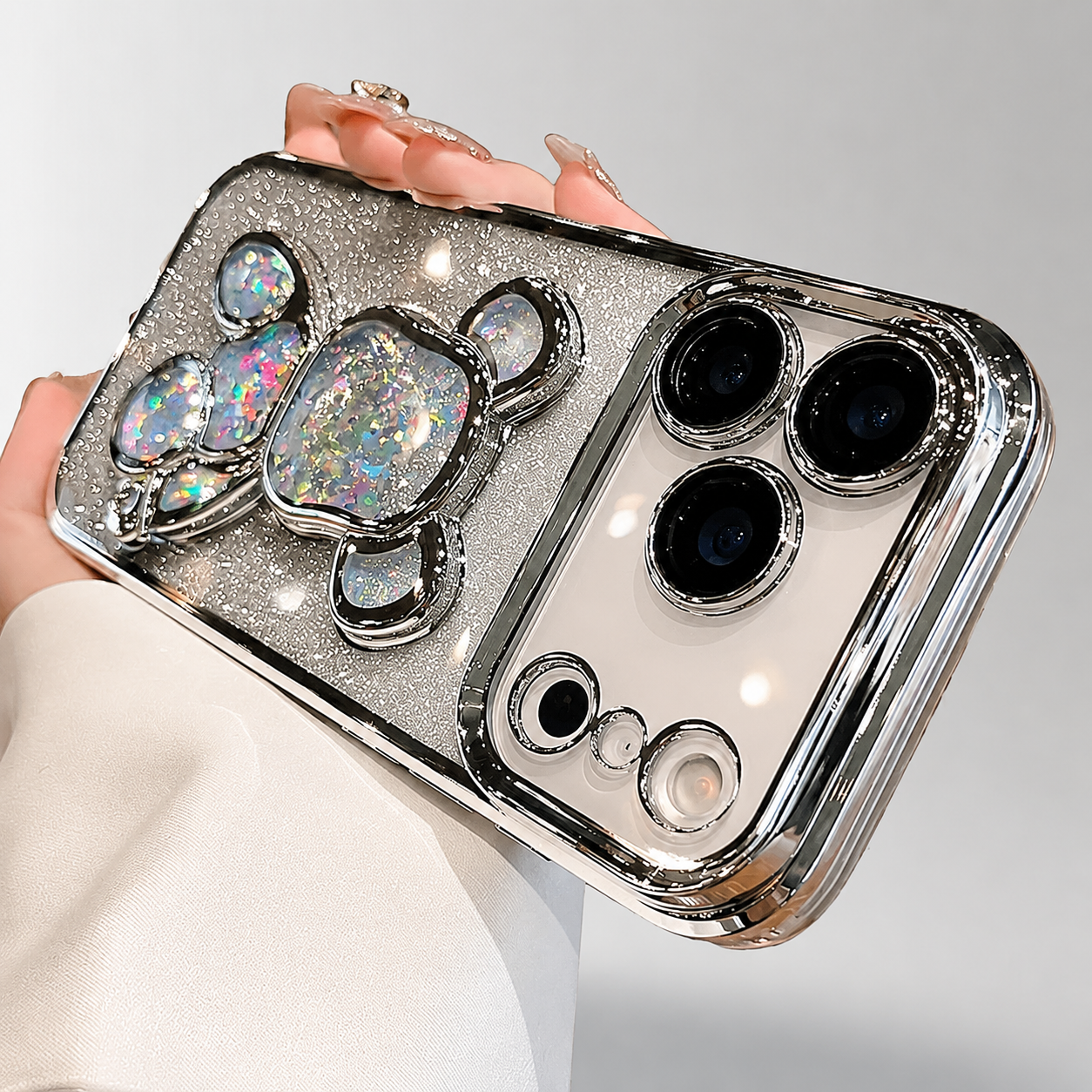 Premium iPhone Case Glitter Quicksand Bear Cover Shockproof Acrylic Plated Camera Protection Dustproof Full Coverage Anti Scratch Protective Design