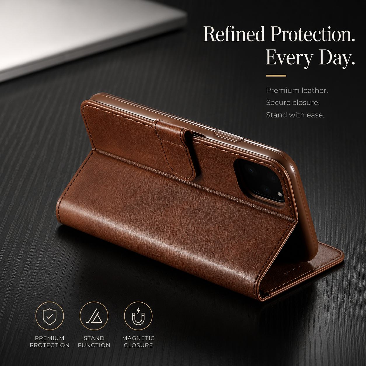 Premium iPhone Case Leather Wallet Flip Cover Card Holder Magnetic Closure Shockproof Camera Protection Slim Full Coverage Protective Design