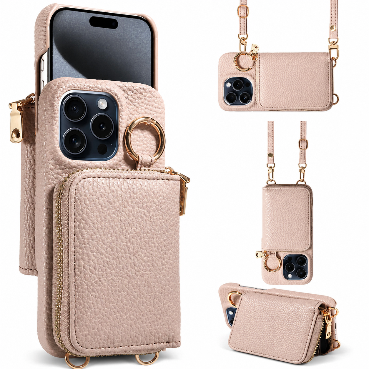 Premium iPhone Case Leather Wallet Crossbody Cover MagSafe Compatible Card Holder Zipper Pocket Magnetic Closure Shockproof Full Coverage Lanyard Strap