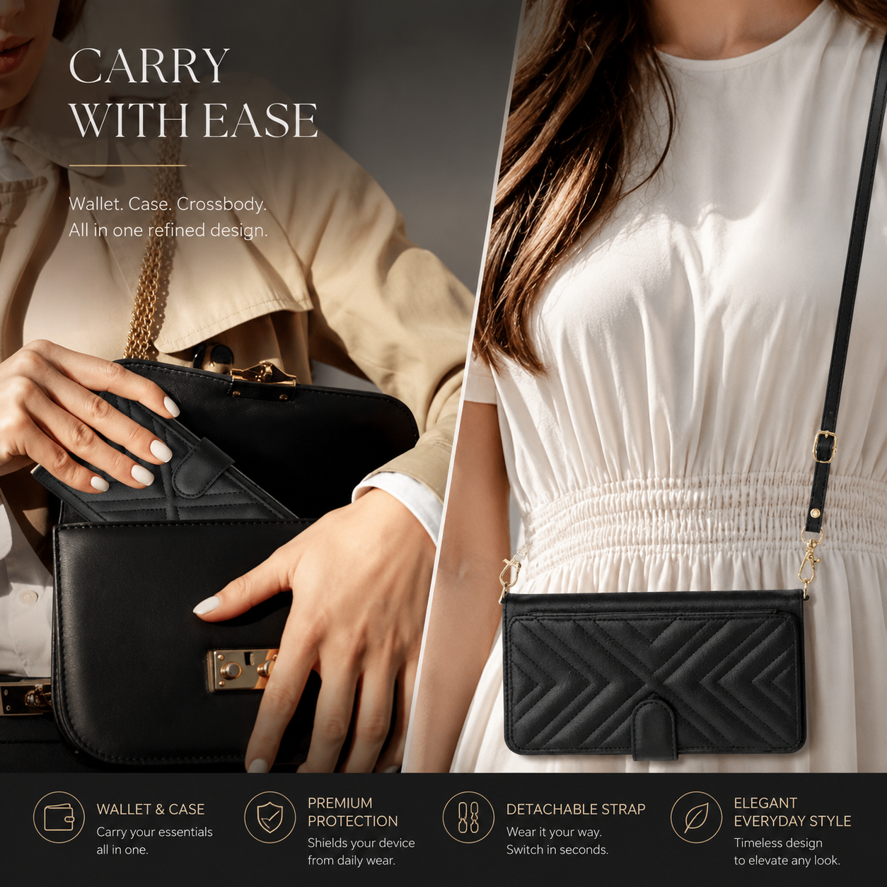 Premium iPhone Case Crossbody Wallet PU Leather Cover Card Holder Shoulder Strap Magnetic Closure Shockproof Full Coverage Slim Design