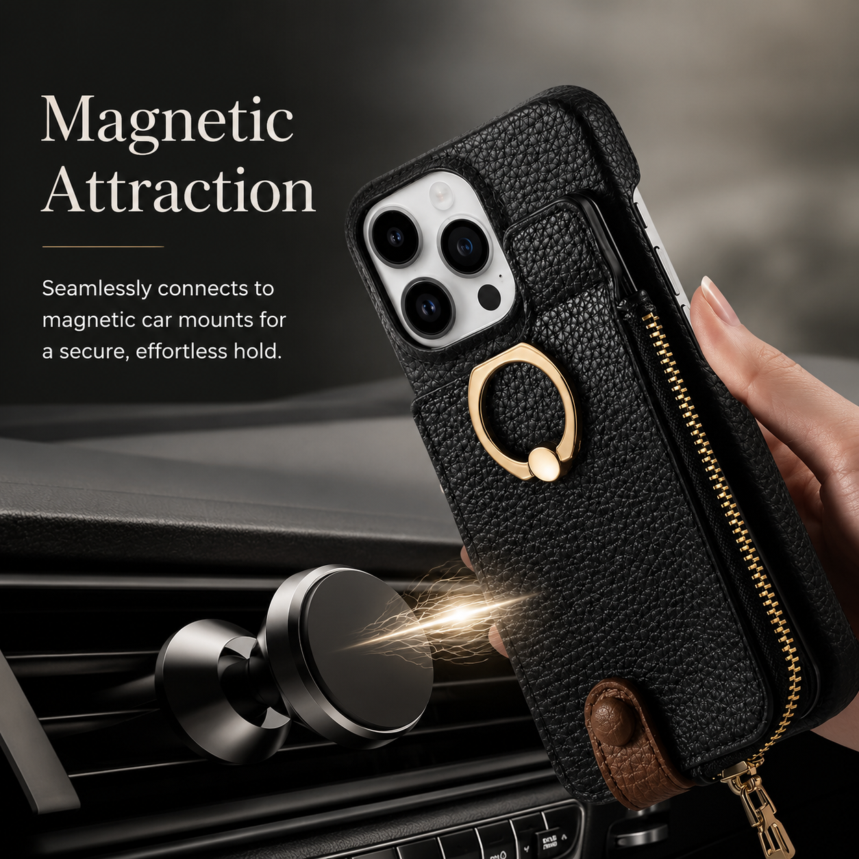Premium iPhone Case Leather Zipper Wallet Cover MagSafe Compatible Card Holder Ring Kickstand Magnetic Closure Shockproof Camera Protection Full Coverage