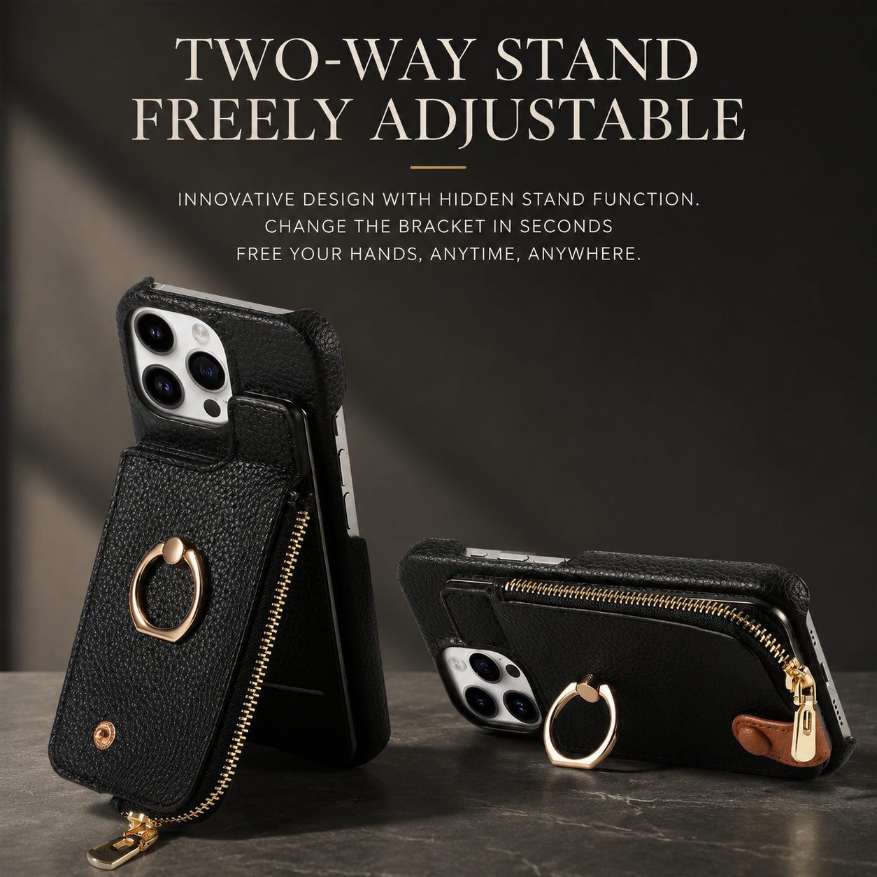 Premium iPhone Case Leather Zipper Wallet Cover MagSafe Compatible Card Holder Ring Kickstand Magnetic Closure Shockproof Camera Protection Full Coverage