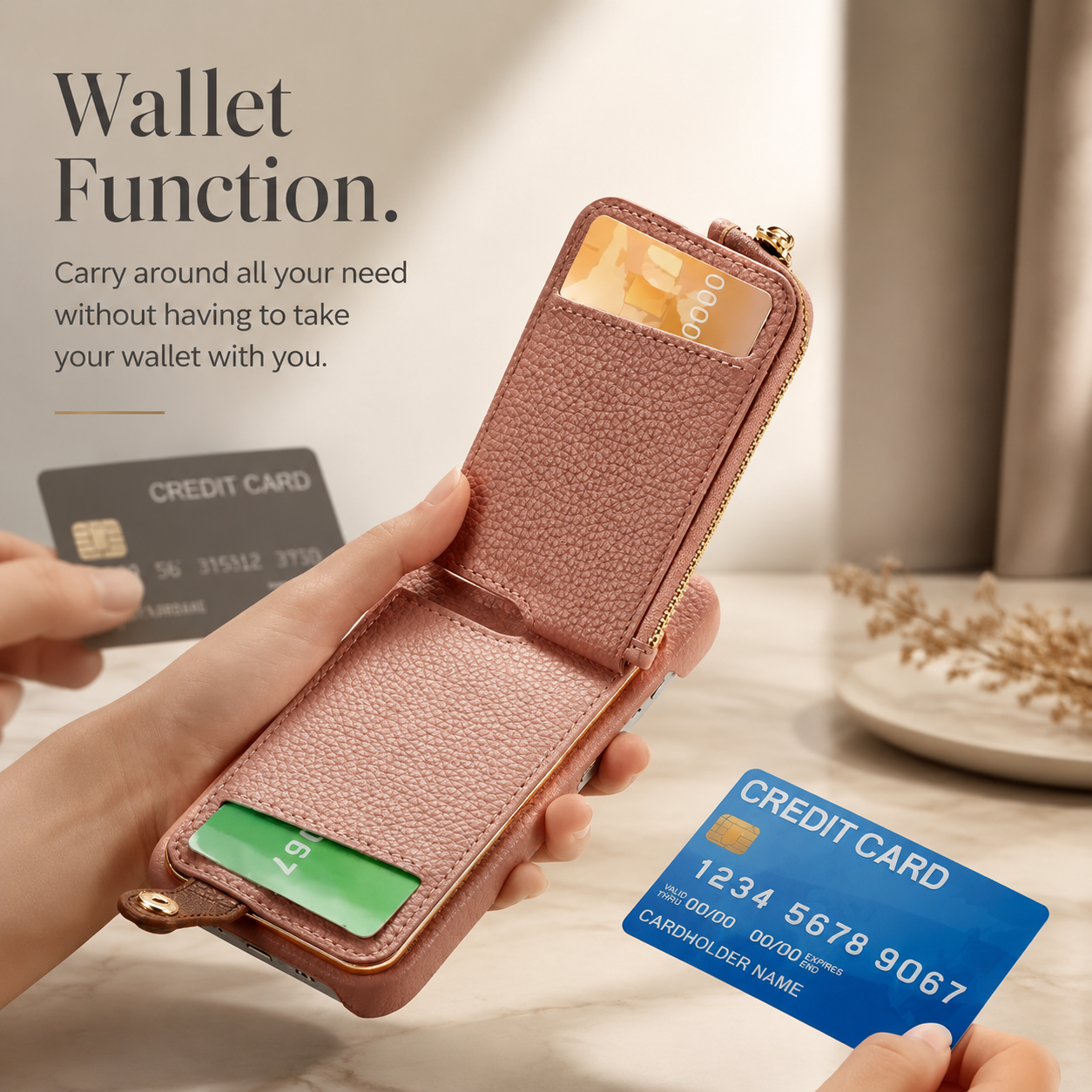 Premium iPhone Case Leather Zipper Wallet Cover MagSafe Compatible Card Holder Ring Kickstand Magnetic Closure Shockproof Camera Protection Full Coverage