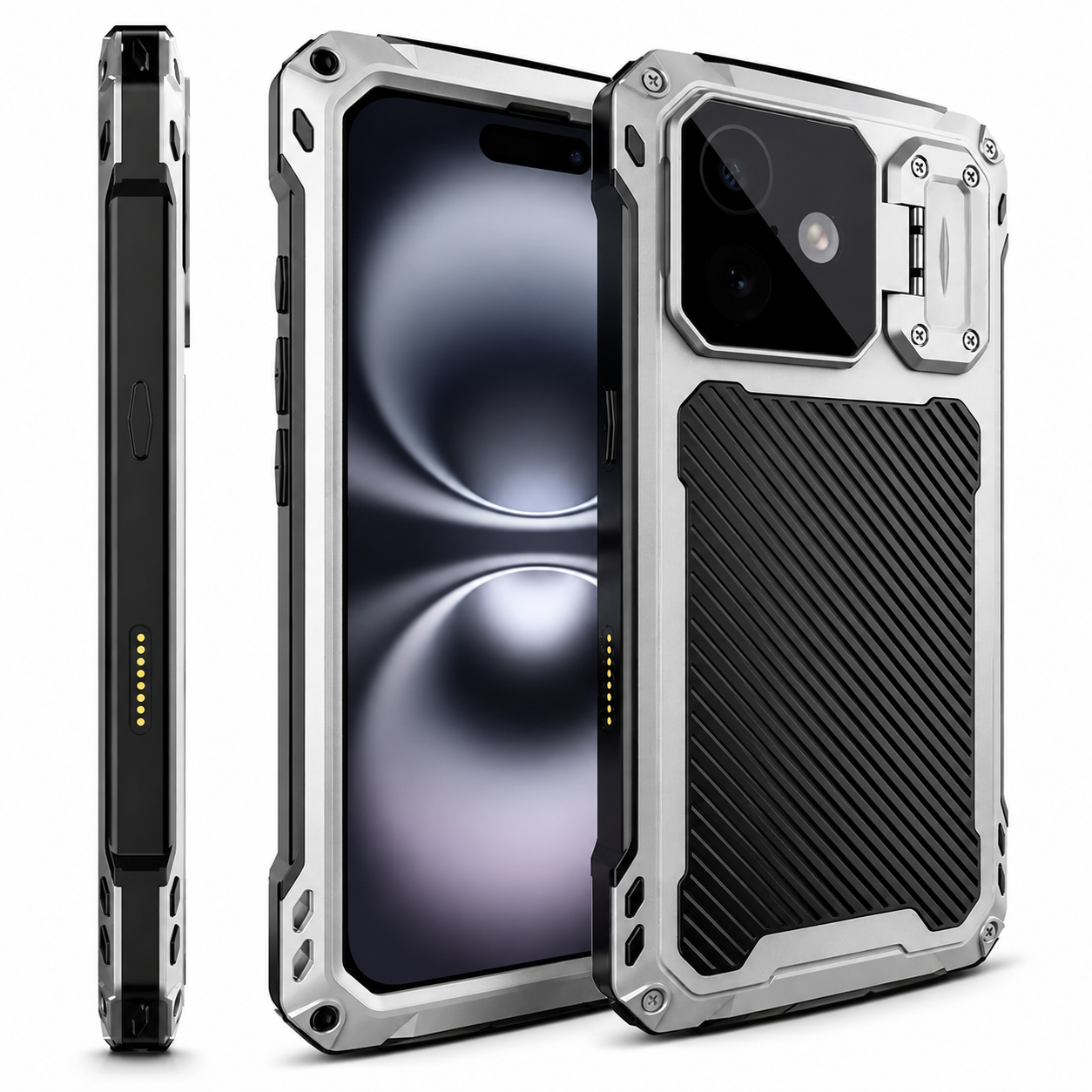 Premium iPhone Case Heavy Duty Metal MagSafe Cover Camera Guard Kickstand 9H Screen Protector Shockproof Aluminum Bumper Full Coverage Protective Design