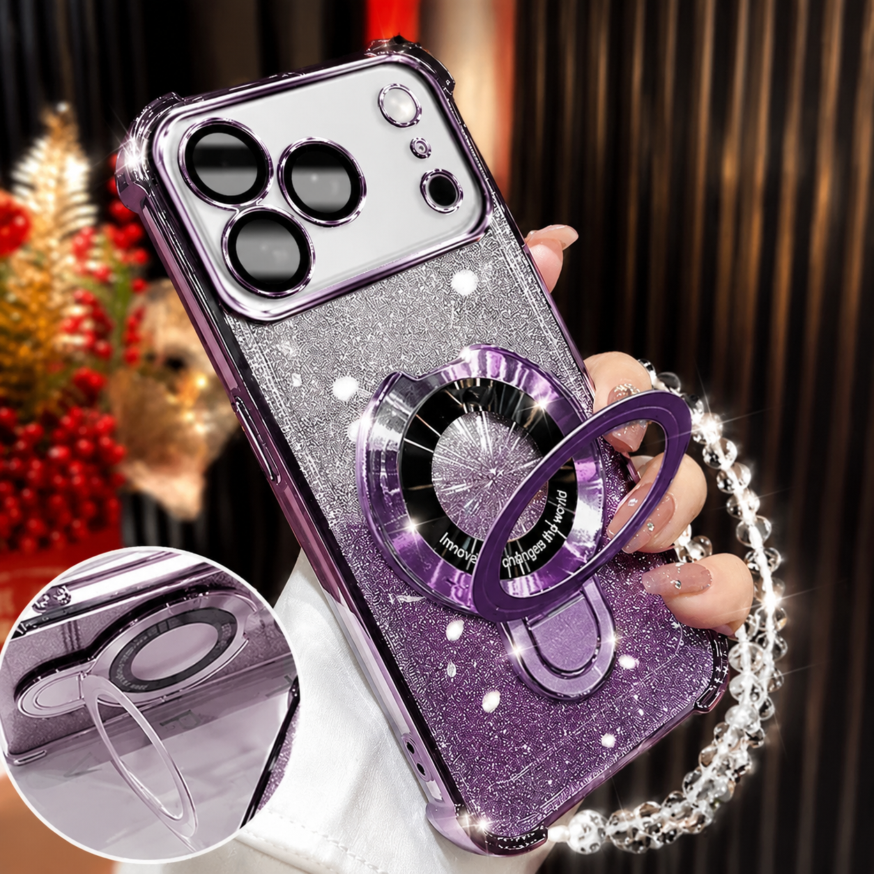 Premium iPhone Case Glitter Magnetic Bracelet Cover MagSafe Kickstand Shockproof Dual Layer Anti Fingerprint Non Slip Full Coverage Protective Design