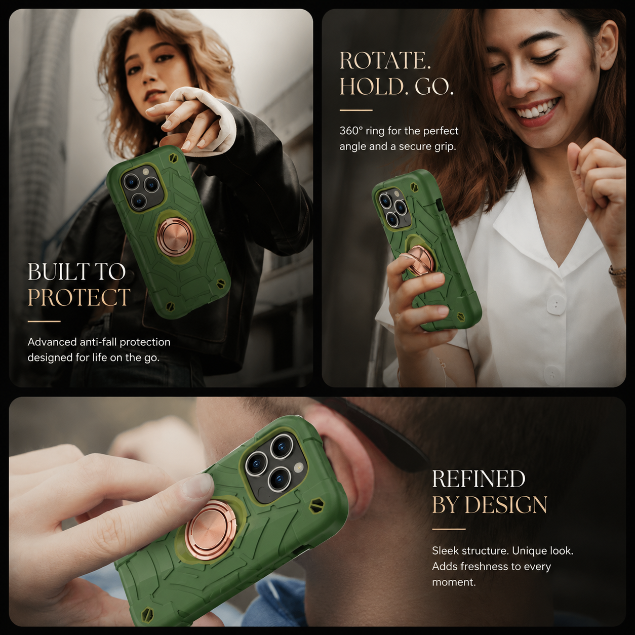 Premium iPhone Case Rugged Armor Cover Dual Layer Shockproof PC TPU Ring Holder Kickstand Anti Slip Grip Full Protection Design