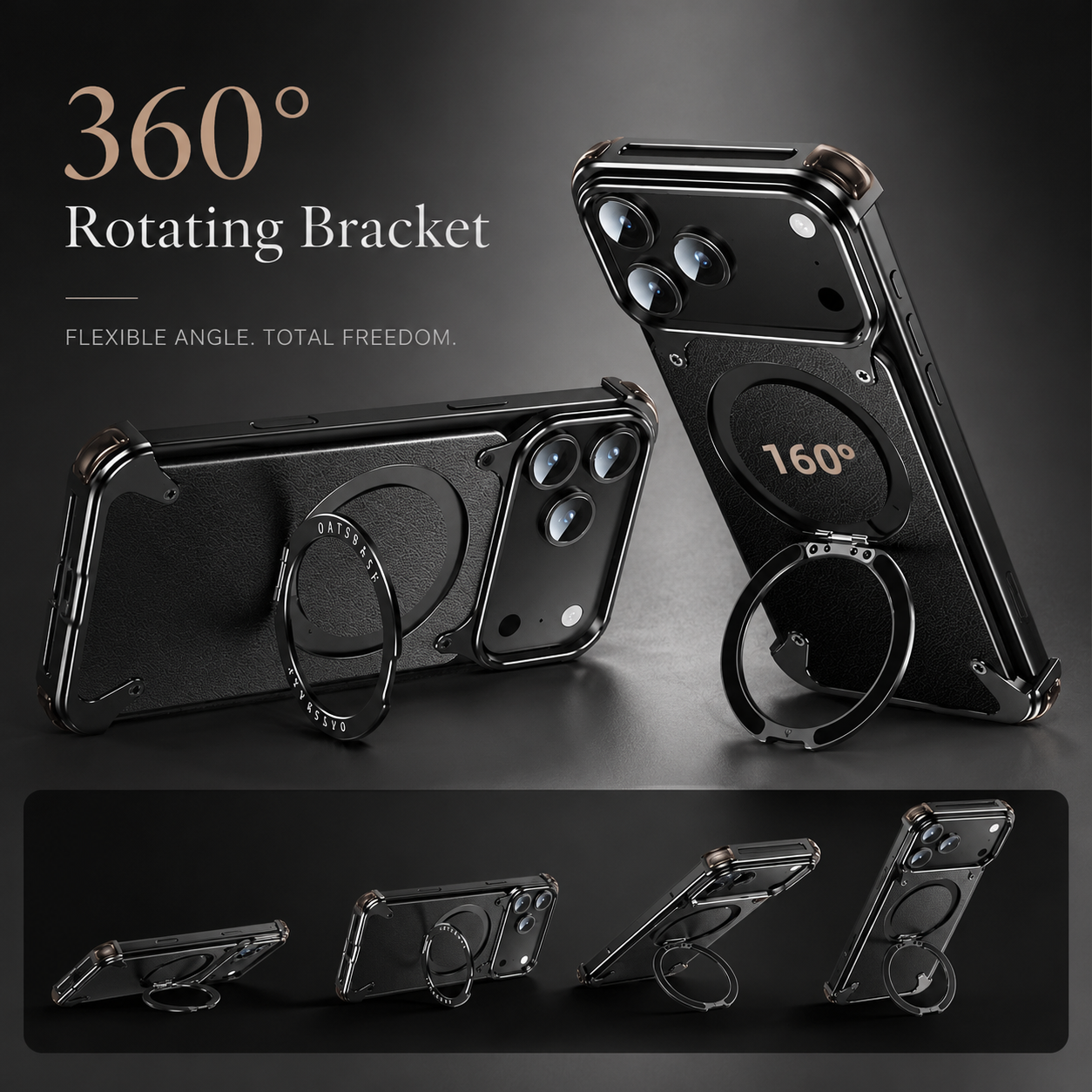 Premium iPhone Case Genuine Leather Magnetic Cover MagSafe Compatible Frameless Rotating Stand Ring Shockproof Anti Drop Protection Slim Profile
