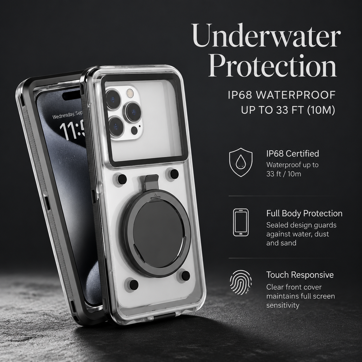 Premium iPhone Case Waterproof IP68 Protective Cover Full Body Shockproof Vacuum Seal System Underwater Touchscreen Access Dustproof Durable Design