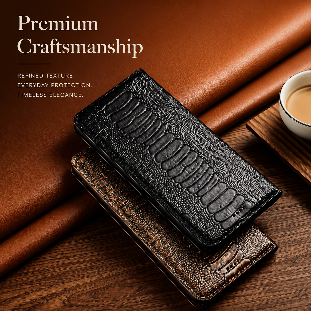 Premium iPhone Case Genuine Leather Flip Wallet Cover MagSafe Compatible Card Holder Magnetic Closure Shockproof Camera Protection Stand Full Coverage