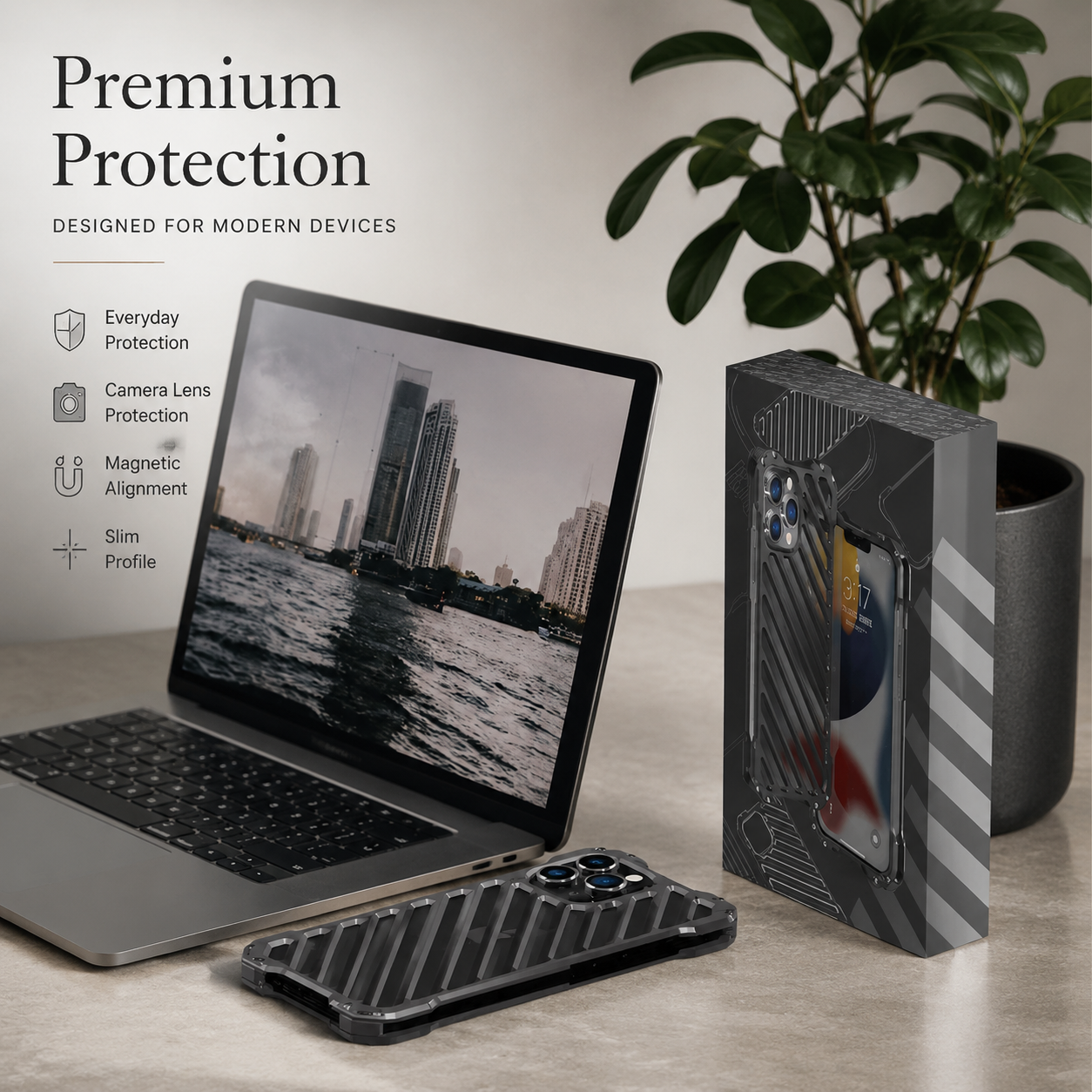 Premium iPhone Case Aluminum Armor Bumper Shockproof Transparent Hard Cover 3D Camera Lens Protection Rugged Metal Gear Anti Slip Full Coverage Design