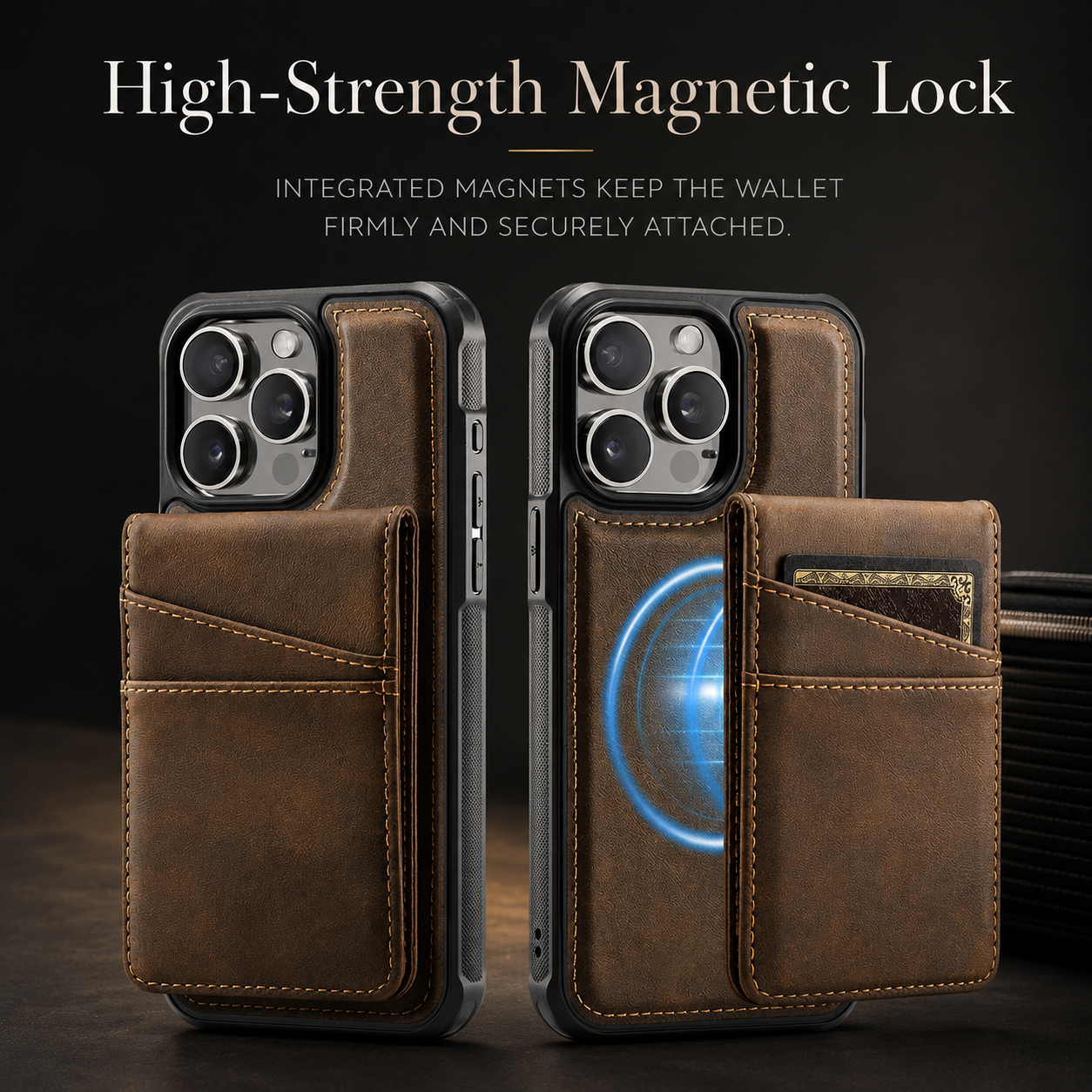 Premium iPhone Case Magnetic Detachable Wallet Flip Cover PU Leather Card Holder Cash Pocket Wrist Strap Shockproof Full Coverage Protective Design