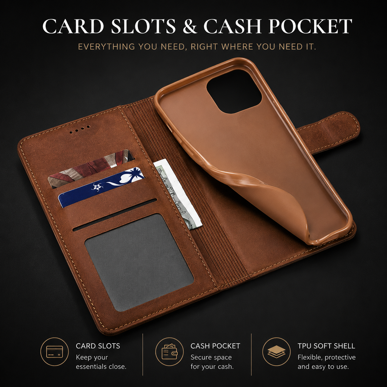 Premium iPhone Case Leather Wallet Flip Cover Card Holder Magnetic Closure Shockproof Camera Protection Slim Full Coverage Protective Design