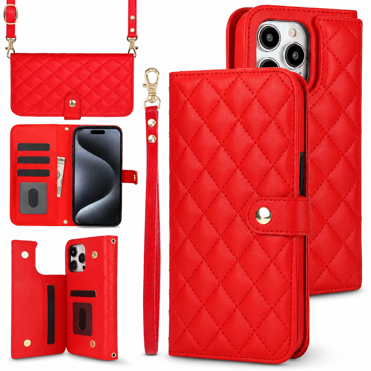 Premium iPhone Wallet Case Crossbody Flip Cover RFID Blocking Card Holder PU Leather Magnetic Closure Shockproof Full Coverage Strap Protective Case