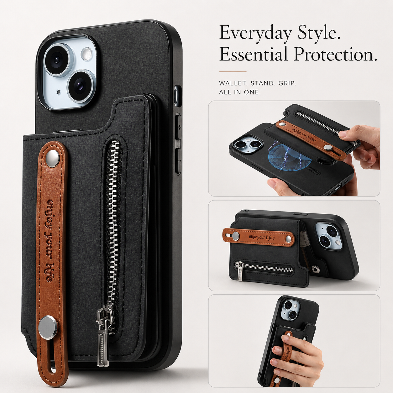 Premium iPhone Wallet Case Detachable Zipper Flip Cover PU Leather Card Holder Magnetic Closure Wrist Strap Shockproof Full Coverage Protective Design