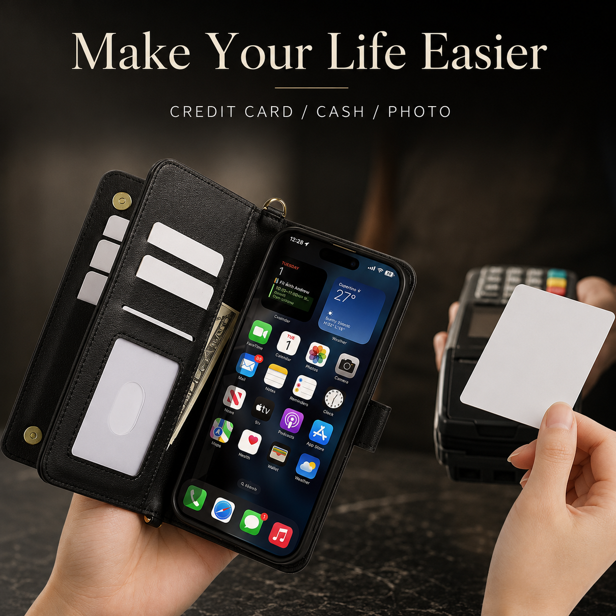 Premium iPhone Case Crossbody Wallet PU Leather Cover Card Holder Shoulder Strap Magnetic Closure Shockproof Full Coverage Slim Design