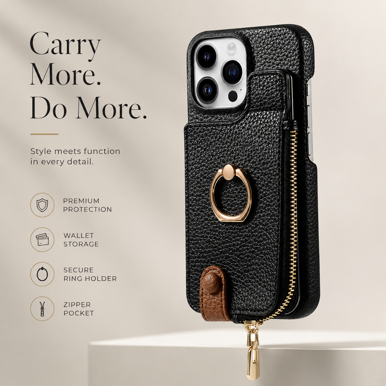 Premium iPhone Case Leather Zipper Wallet Cover MagSafe Compatible Card Holder Ring Kickstand Magnetic Closure Shockproof Camera Protection Full Coverage