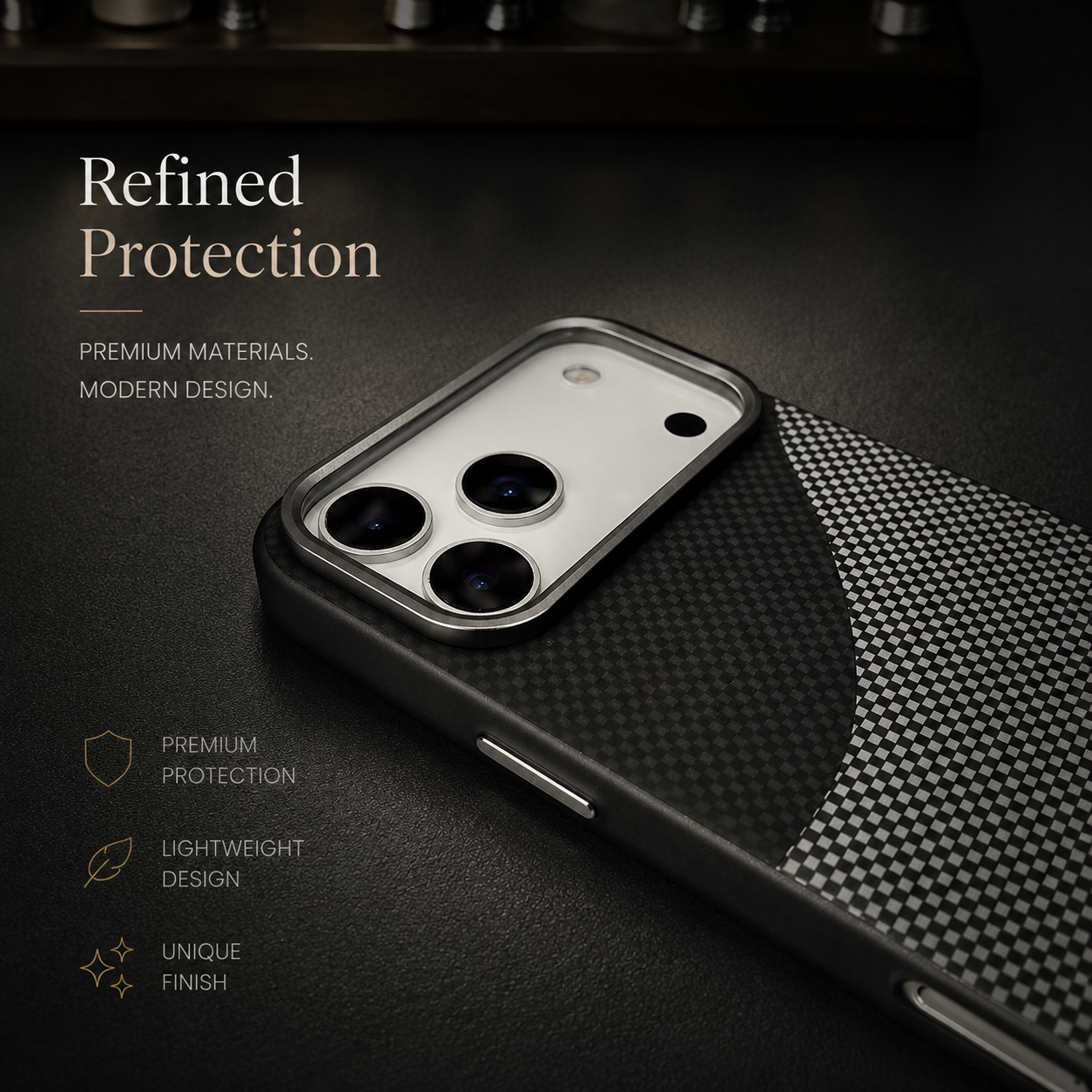 Premium iPhone Case MagSafe Compatible Carbon Fiber Armor Cover Alloy Camera Guard Shockproof Full Coverage Non Slip PC Anti Scratch Design