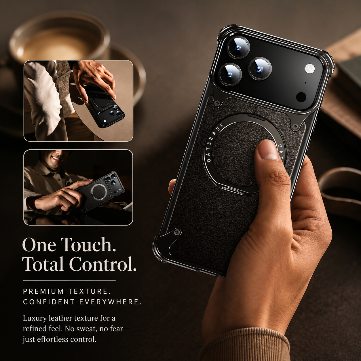 Premium iPhone Case Genuine Leather Magnetic Cover MagSafe Compatible Frameless Rotating Stand Ring Shockproof Anti Drop Protection Slim Profile
