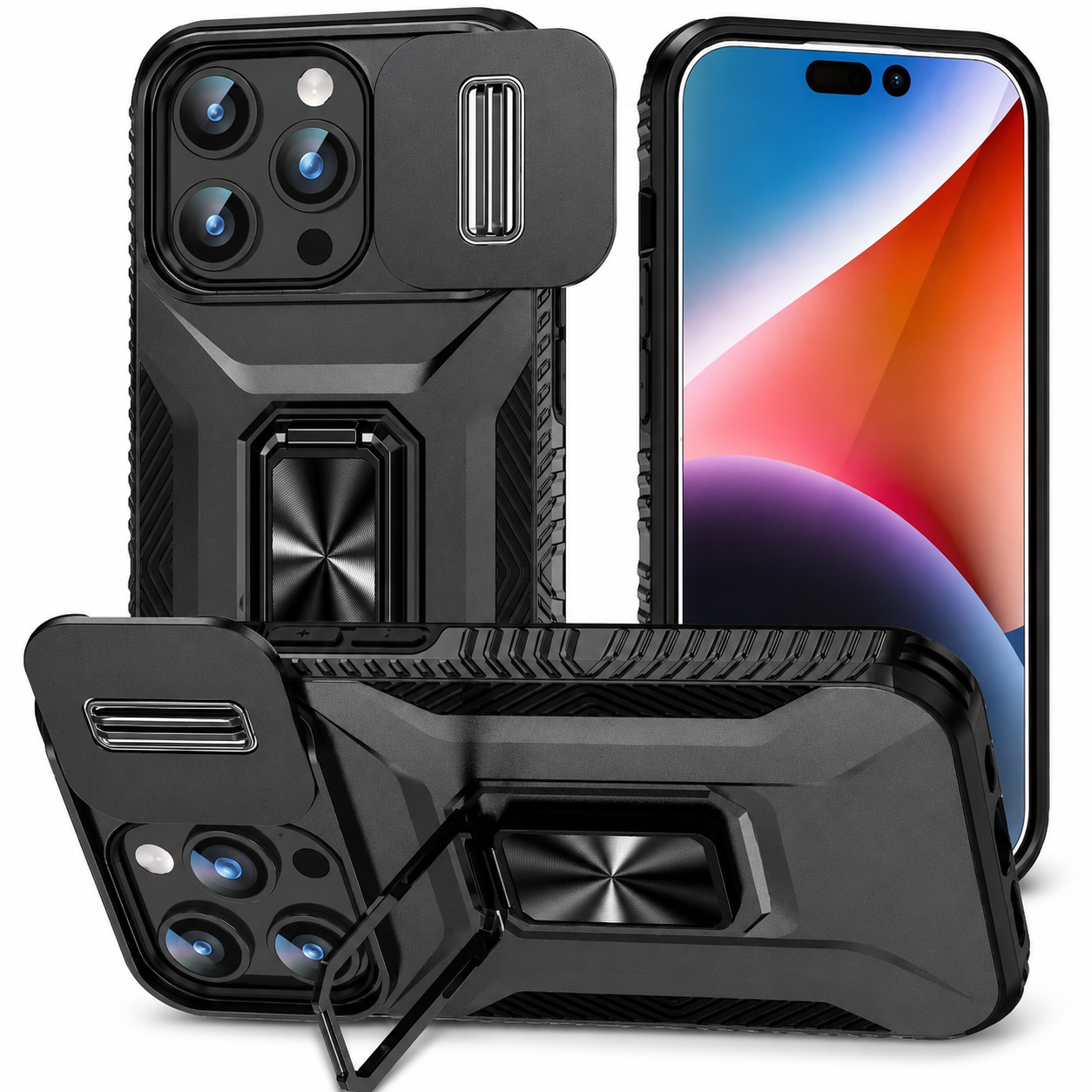 Premium iPhone Case Shockproof Protective Cover Full Coverage Sliding Camera Lens Guard Rotary Stand Anti Slip Grip Durable Matte Design Hard Back