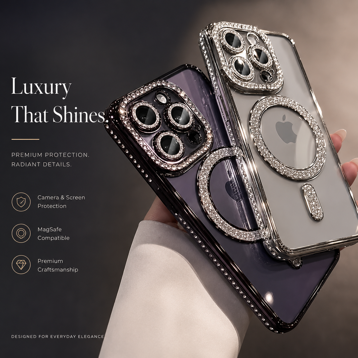 Premium iPhone Case MagSafe Compatible Transparent Glitter Diamond Design Shockproof Bumper Protective Cover Camera Lens Guard Ultra Thin Slim Design