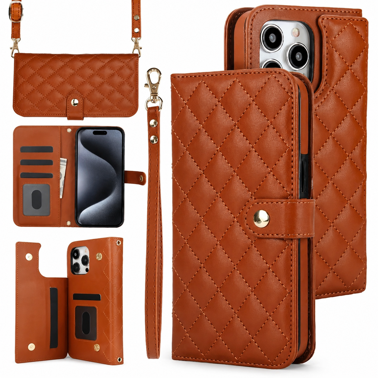 Premium iPhone Wallet Case Crossbody Flip Cover RFID Blocking Card Holder PU Leather Magnetic Closure Shockproof Full Coverage Strap Protective Case