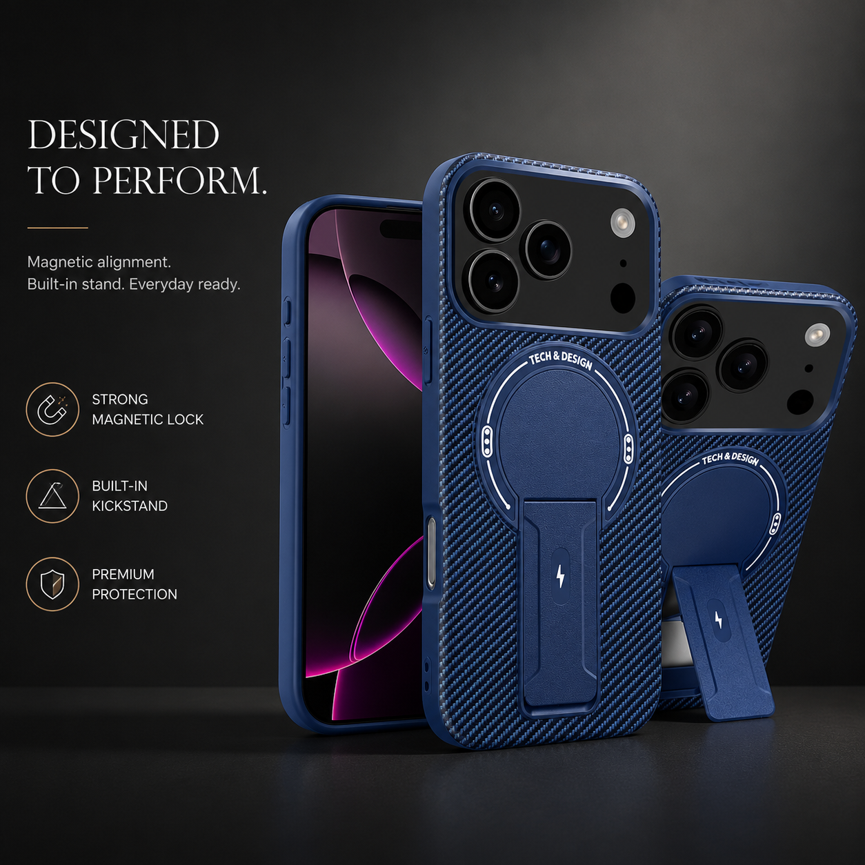 Premium iPhone Case MagSafe Compatible Carbon Fiber Pattern Fold Stand Shockproof Dual Layer Military Grade Protective Cover Full Coverage Armor Design