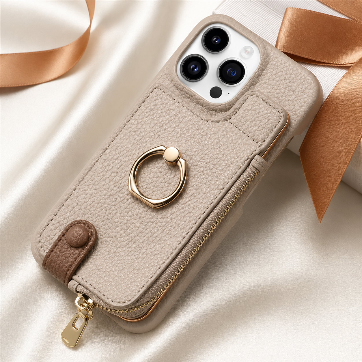 Premium iPhone Case Leather Zipper Wallet Cover MagSafe Compatible Card Holder Ring Kickstand Magnetic Closure Shockproof Camera Protection Full Coverage