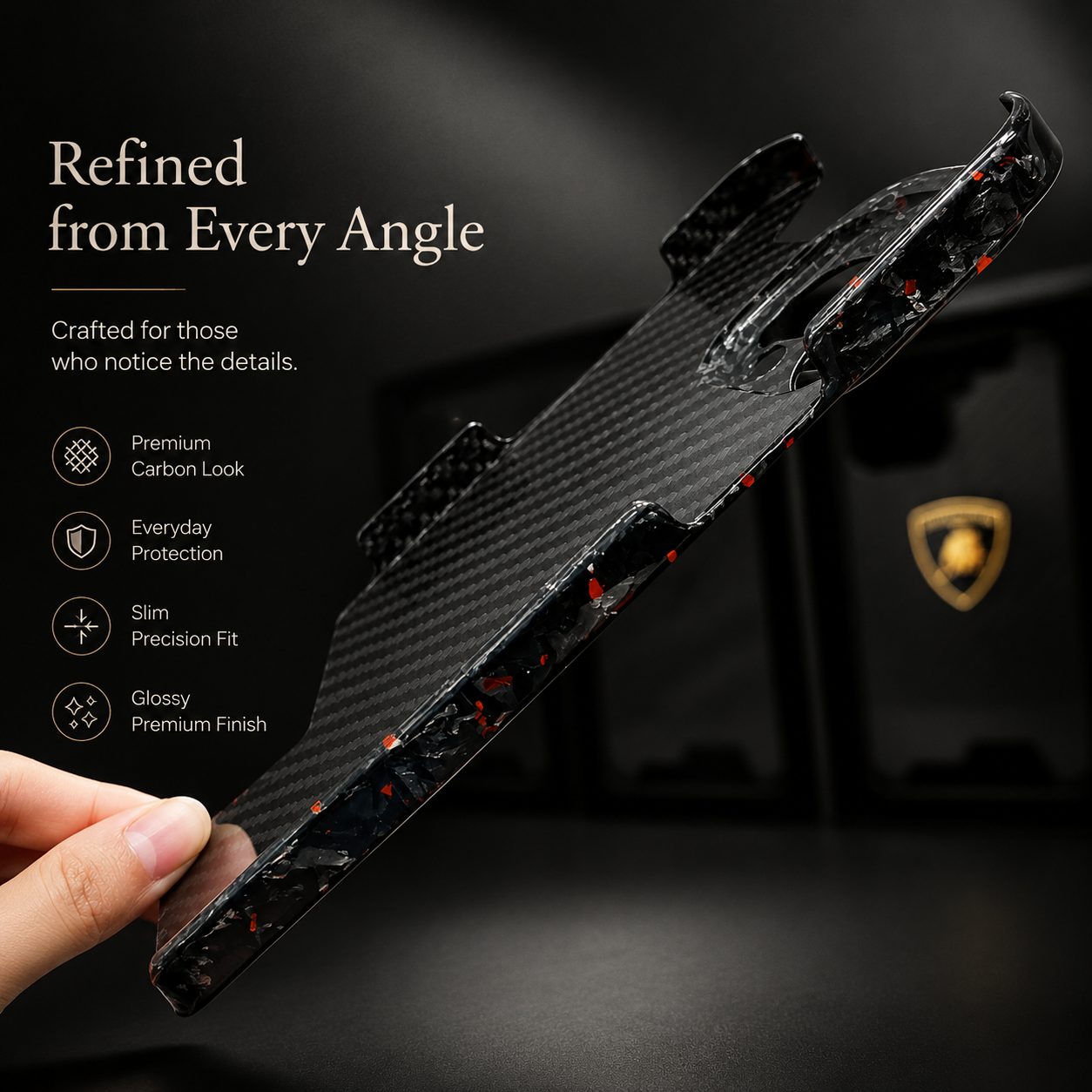 Premium iPhone Case Forged Carbon Fiber Cover Ultra Thin Glossy Lightweight Scratch Resistant Half Wrapped Slim Protective Wireless Charging Design