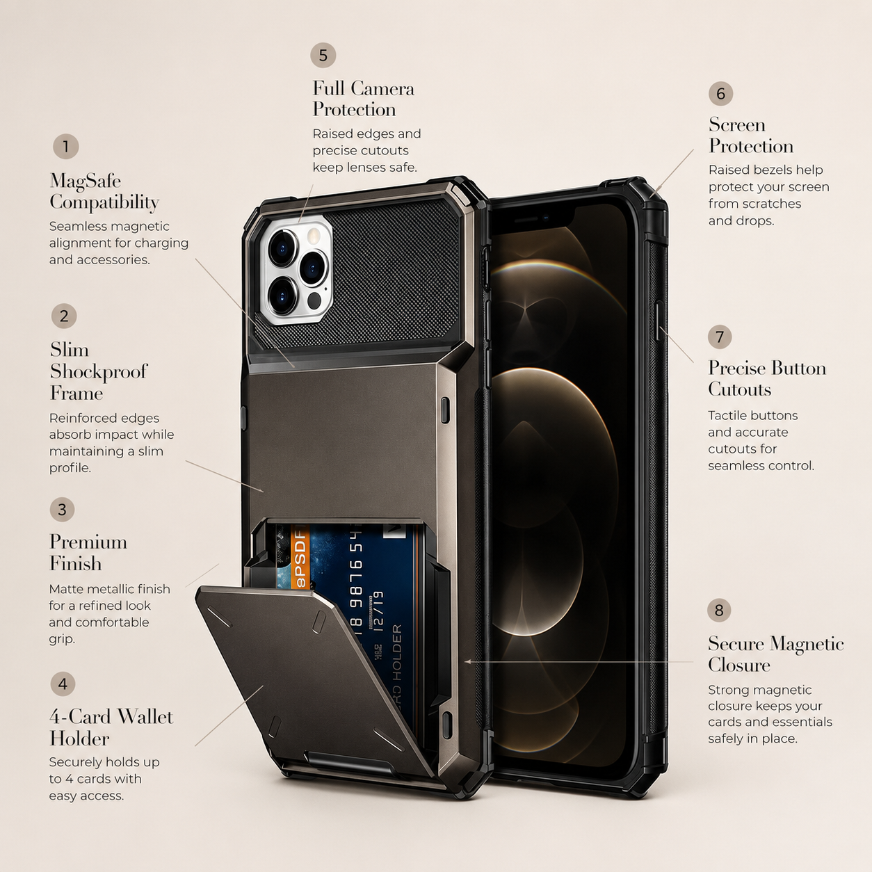 Premium iPhone Case Wallet MagSafe Compatible Magnetic Card Holder Shockproof Protective Cover Camera Lens Protection Slim Full Coverage