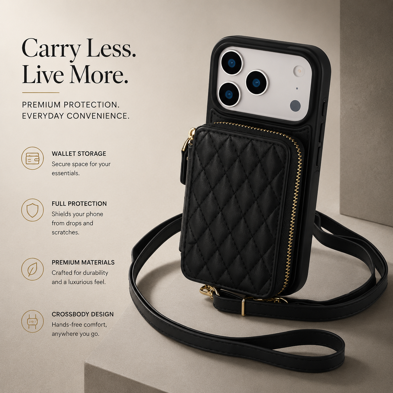 Premium iPhone Case Crossbody Wallet Folio Cover RFID Blocking Card Holder Zipper Kickstand Wrist Strap Shockproof Protective Full Coverage