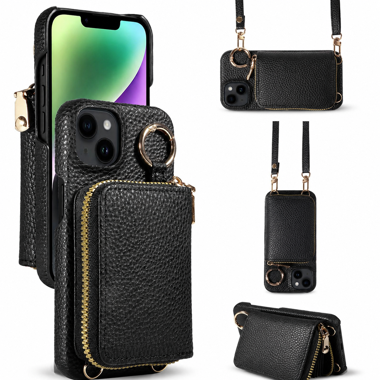 Premium iPhone Case Leather Wallet Crossbody Cover MagSafe Compatible Card Holder Zipper Pocket Magnetic Closure Shockproof Full Coverage Lanyard Strap