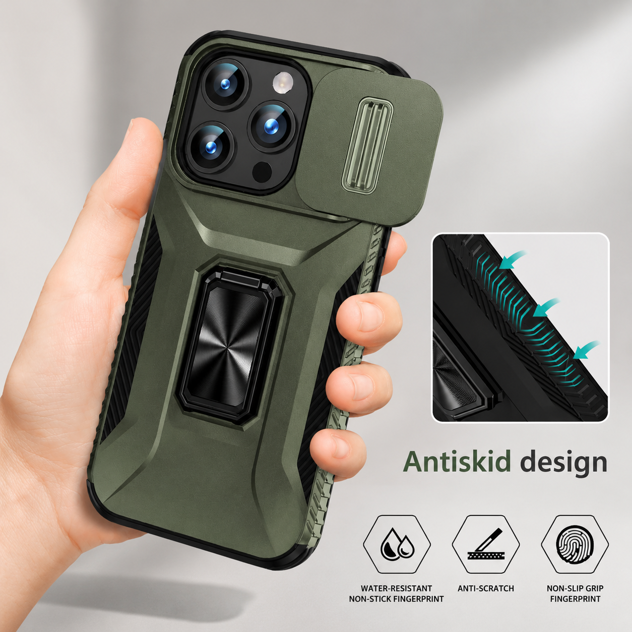 Premium iPhone Case Shockproof Protective Cover Full Coverage Sliding Camera Lens Guard Rotary Stand Anti Slip Grip Durable Matte Design Hard Back
