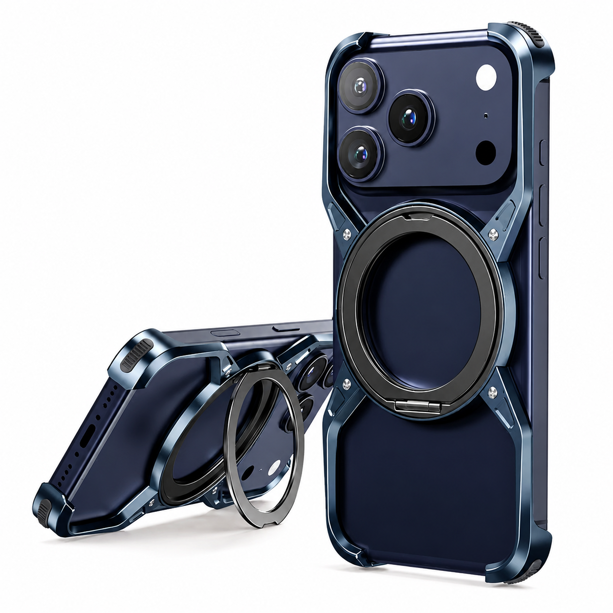 Premium iPhone Case MagSafe Compatible Magnetic Aluminum Bumper Frame Cover 360 Rotating Ring Stand Shockproof Edge Protection Camera Lens Guard Slim Design